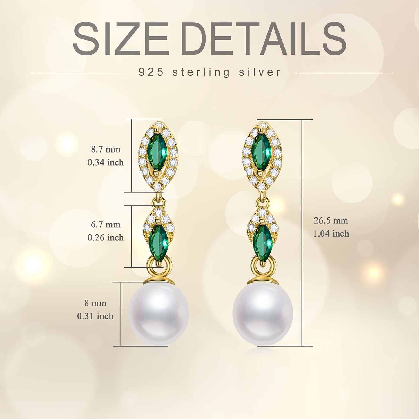 Pearl Dangle Earrings For Women 925 Sterling Silver Long Dangle Natural Earrings Golden Plated Stud Earrings With Green Cubic Zirconia Pearl Jewelry For Wife Girlfriend