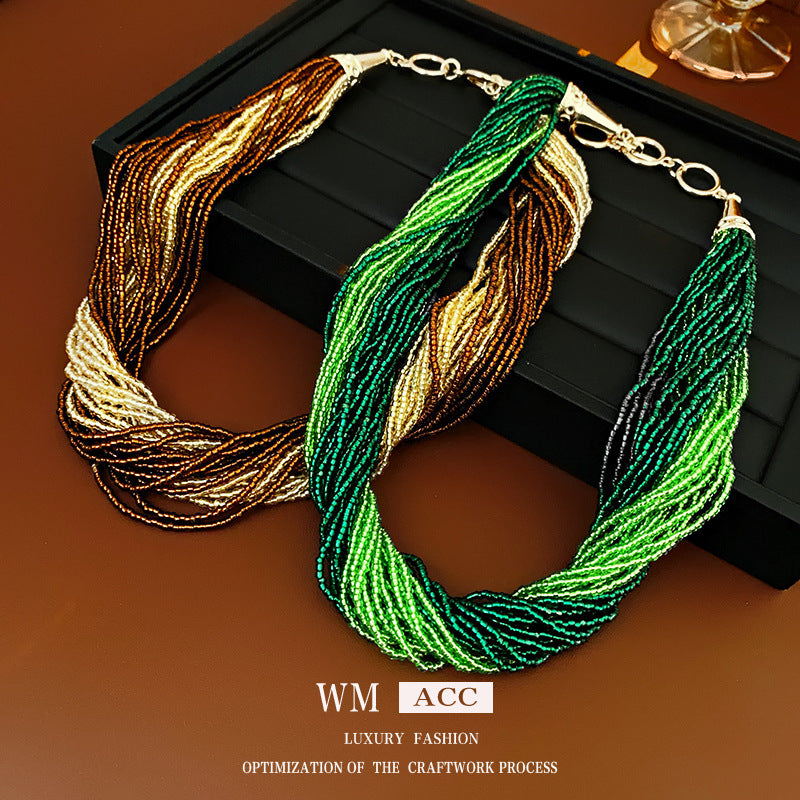 French retro wrapped rice bead multi-layer necklace, fashionable collarbone chain, light luxury and high-end accessories