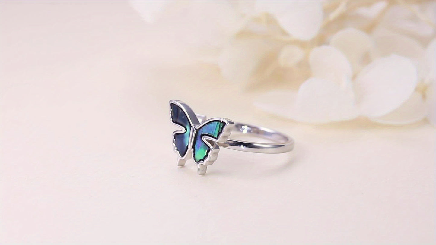 Women's S925 Pure Silvery Abalone Shell Butterfly Ring, Anxiety Ring, Rotatable Adjustable Ring, Women's Jewelry Birthday Gift