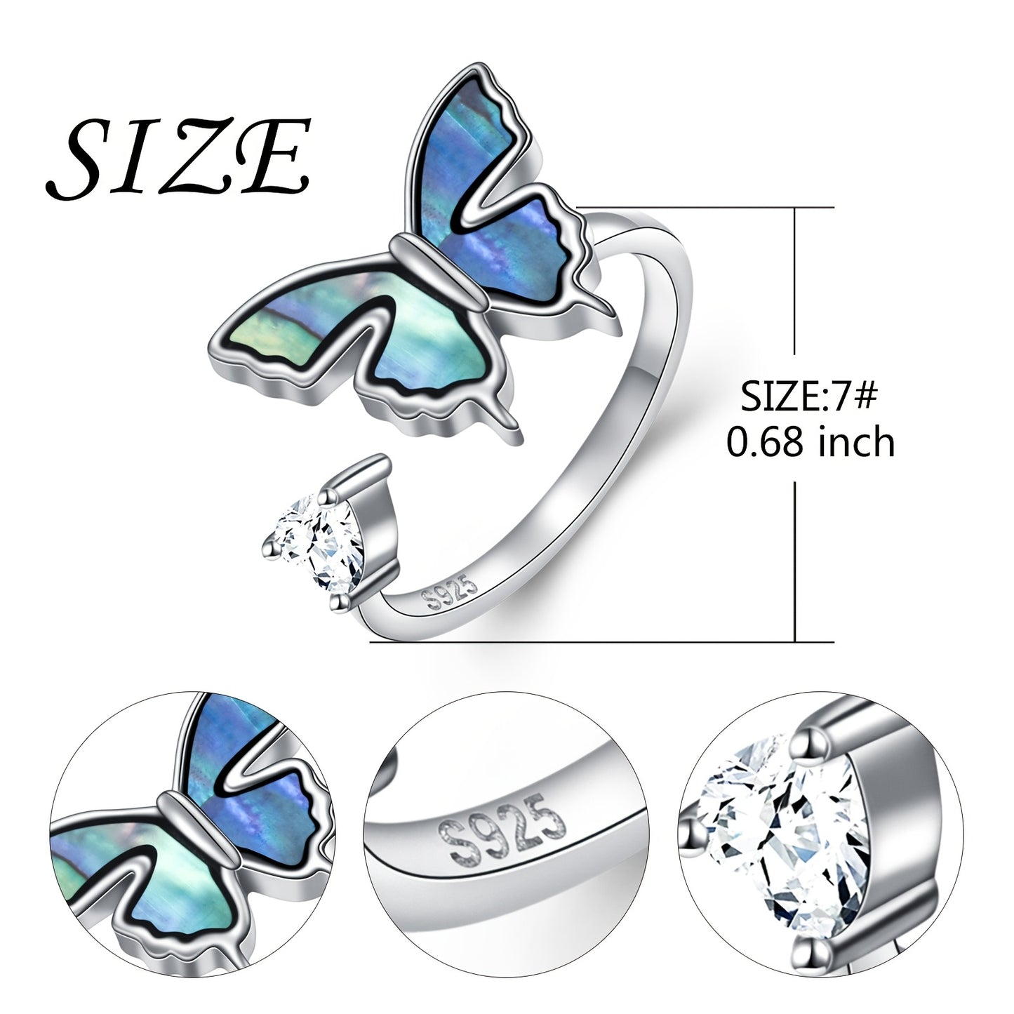 Women's S925 Pure Silvery Abalone Shell Butterfly Ring, Anxiety Ring, Rotatable Adjustable Ring, Women's Jewelry Birthday Gift