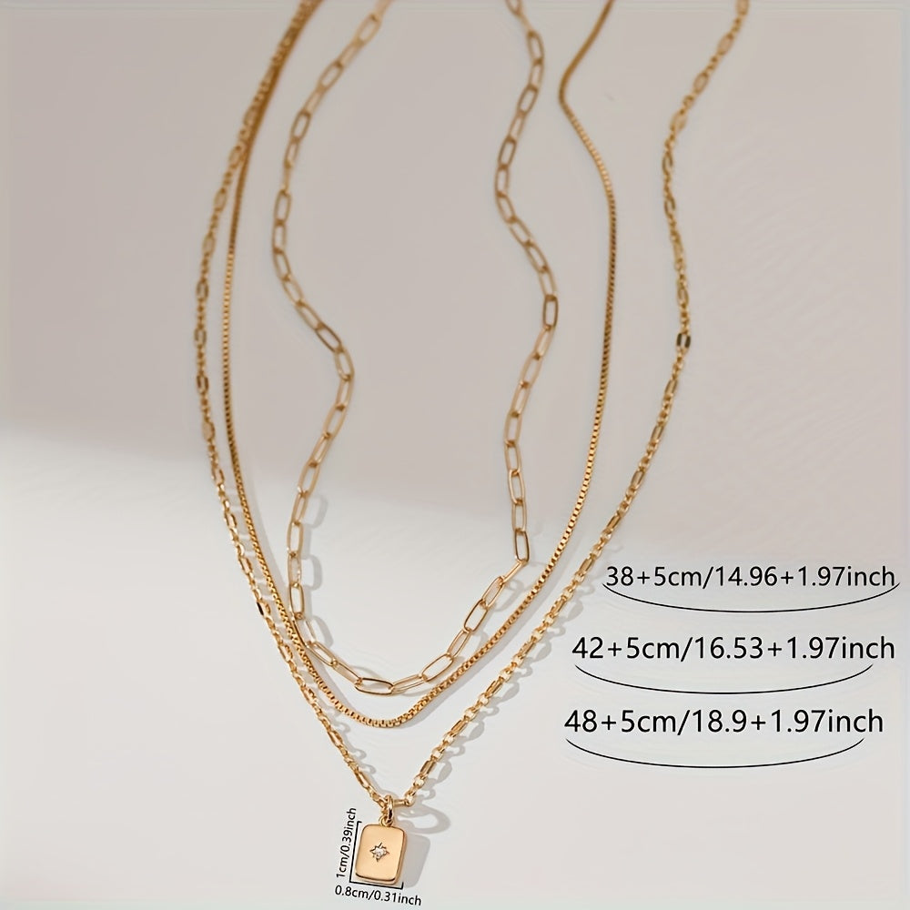 3pcs\u002Fset Multi-Layer Simple Stacks Cubic Synthetic Zirconia Rectangle Charm with Star Pendant Necklace for Women Paperclip Shining Lip Link Chain Necklace Party Gift Jewelry
