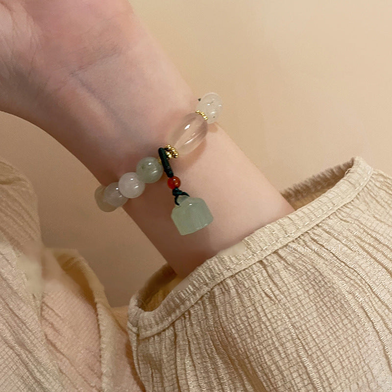 Elegant for Lotus Pendant Bracelet with Geometric Beads – Stylish Zinc Alloy Hand Ornament for Women, Perfect Gift for Girlfriend or Couple, Green and White Beads with Golden Accents, Casual Attire or Vacation Style