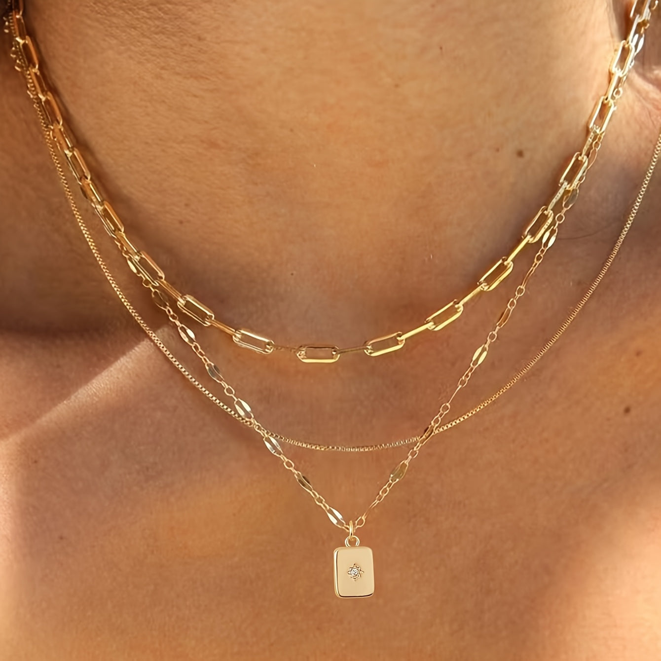 3pcs\u002Fset Multi-Layer Simple Stacks Cubic Synthetic Zirconia Rectangle Charm with Star Pendant Necklace for Women Paperclip Shining Lip Link Chain Necklace Party Gift Jewelry