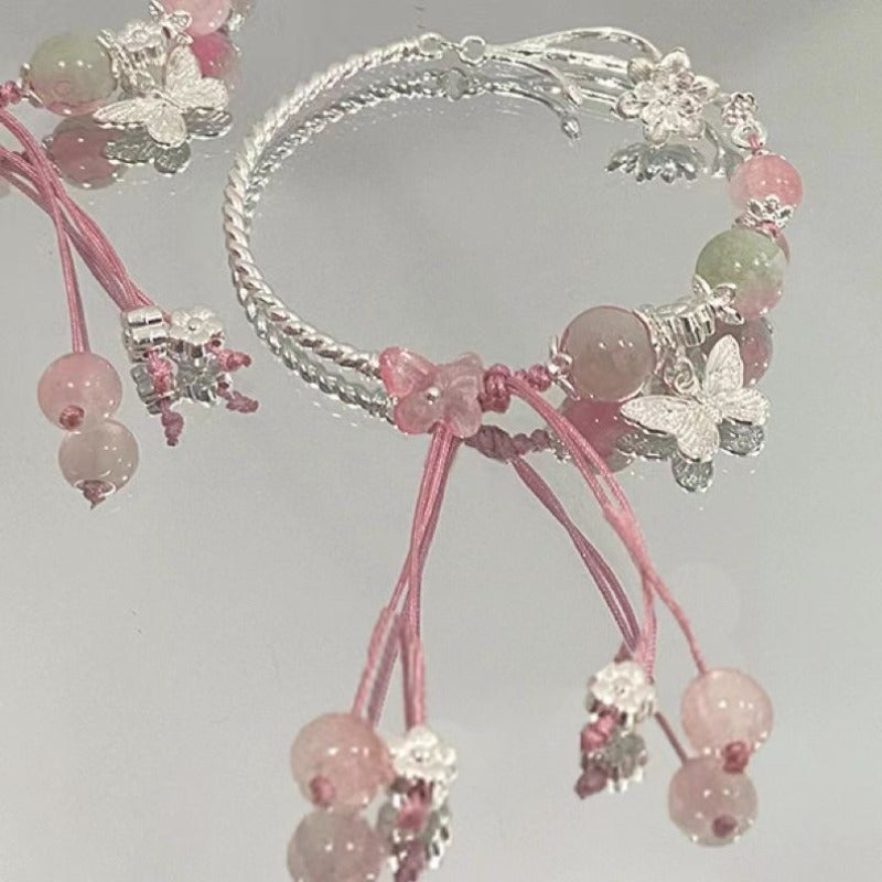 Spring Cherry Blossom Pink Butterfly Bracelet Valentine's Day Temperament Exquisite Design Bracelet High Value Chinese Style Sweet Student Hand Jewelry to Send Girlfriends