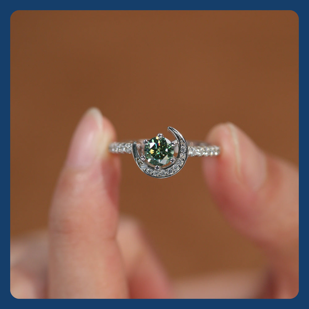 925 Silver Moissanite Moon Ring Women's Colourful Round Cut Vintage Elegant Birthday Gift Mother's Day Gift Wedding Engagement Anniversary Gift Best Gift for Girlfriend Daily Wear