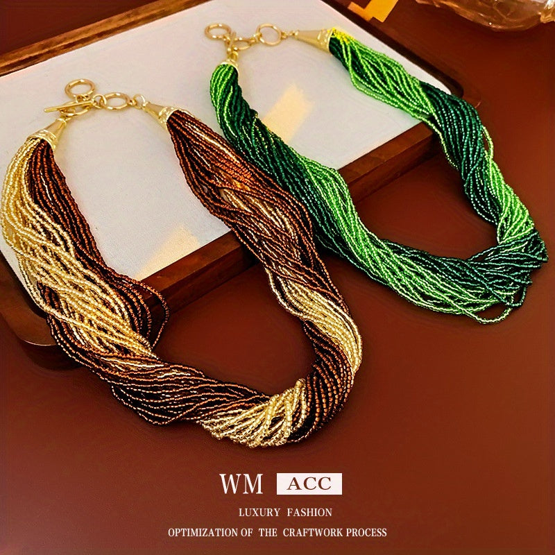 French retro wrapped rice bead multi-layer necklace, fashionable collarbone chain, light luxury and high-end accessories