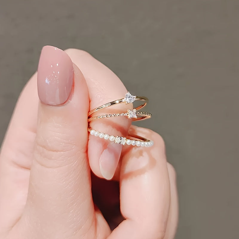 3pcs Elegant Stacking Ring with Sparkling Zirconia - Lovely Heart\u002F Square Shape Accessory for Her to Wear with Her Everyday Outfit Party Accessory.