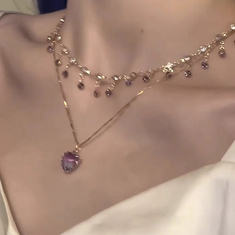 Elegant Purple Heart Pendant Necklace for Women - Double Layered Clavicle Chain with Copper, Perfect for Daily Wear or Parties, Daily Wear Necklace | Frenchinspired Jewelry | Copper Chain Necklace