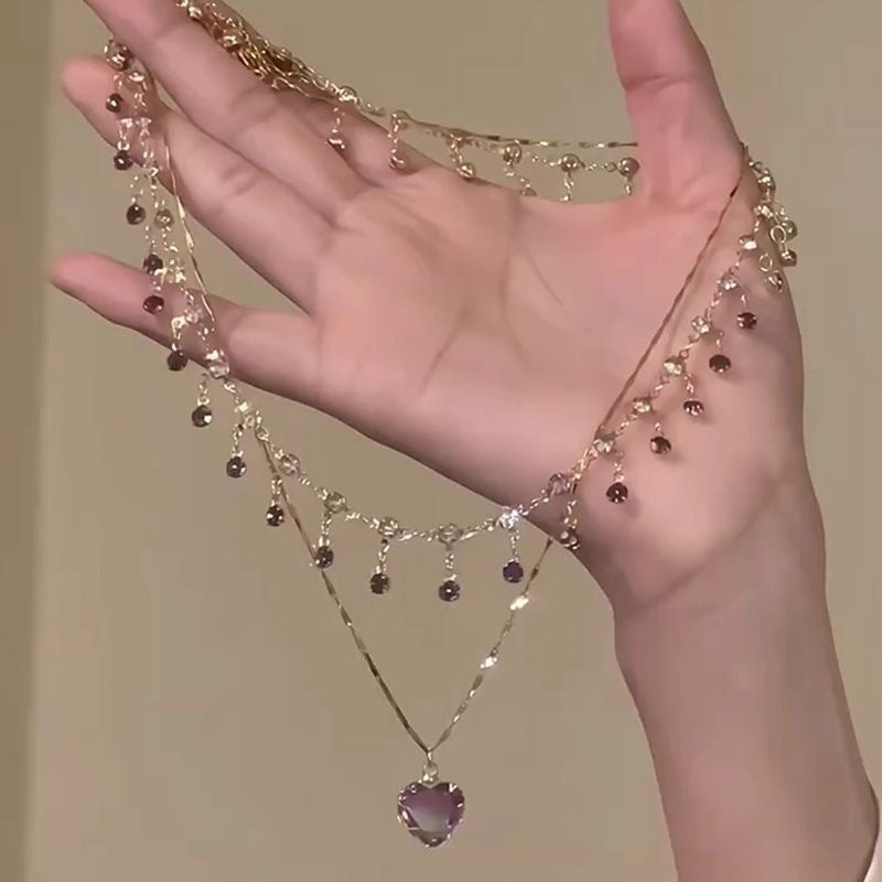 Elegant Purple Heart Pendant Necklace for Women - Double Layered Clavicle Chain with Copper, Perfect for Daily Wear or Parties, Daily Wear Necklace | Frenchinspired Jewelry | Copper Chain Necklace