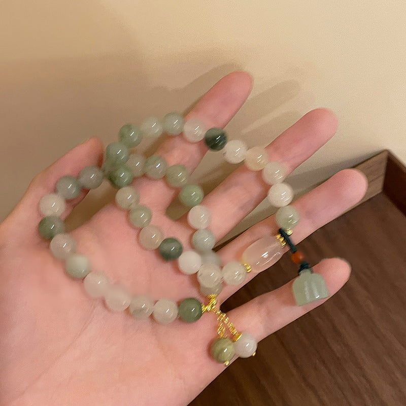Elegant for Lotus Pendant Bracelet with Geometric Beads – Stylish Zinc Alloy Hand Ornament for Women, Perfect Gift for Girlfriend or Couple, Green and White Beads with Golden Accents, Casual Attire or Vacation Style