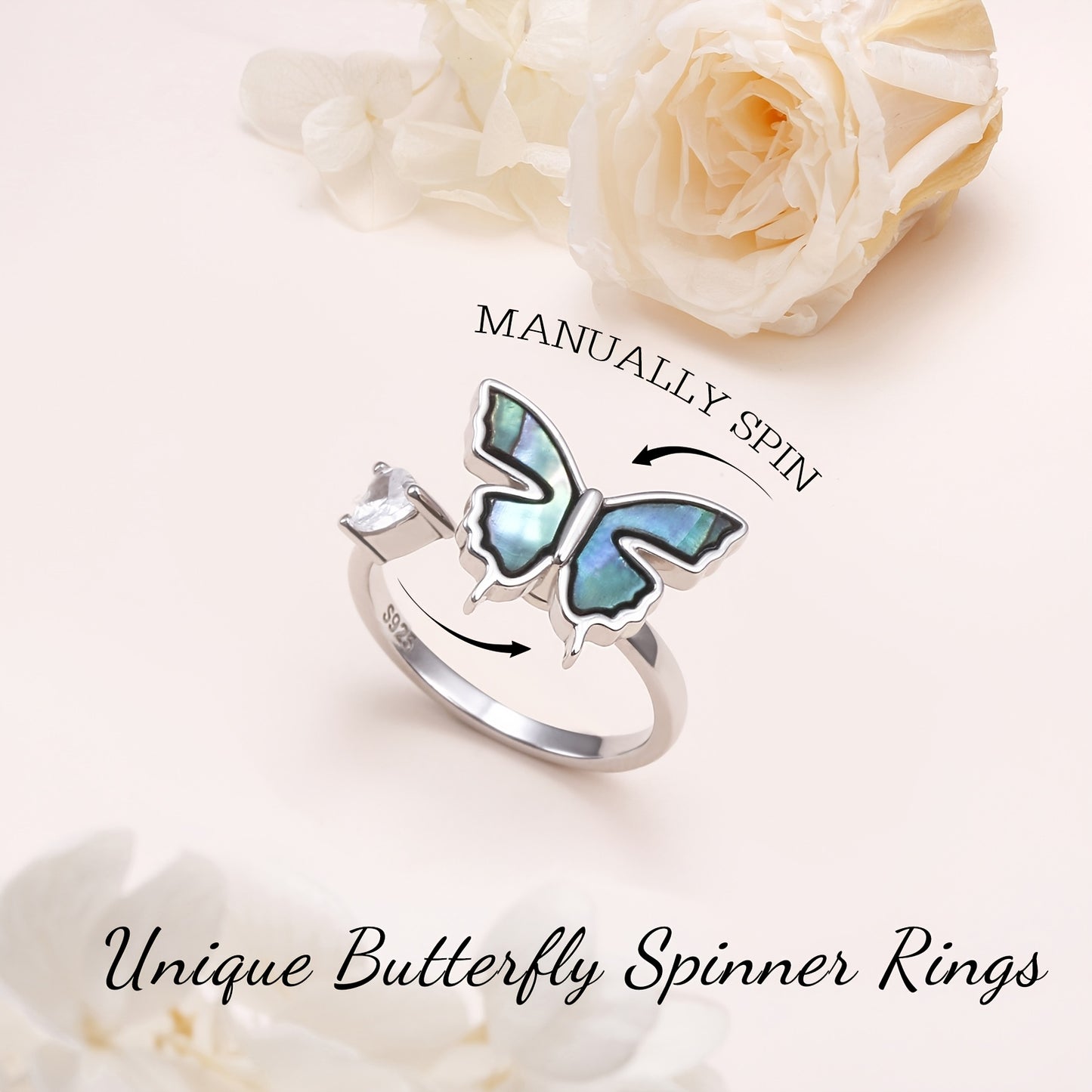 Women's S925 Pure Silvery Abalone Shell Butterfly Ring, Anxiety Ring, Rotatable Adjustable Ring, Women's Jewelry Birthday Gift