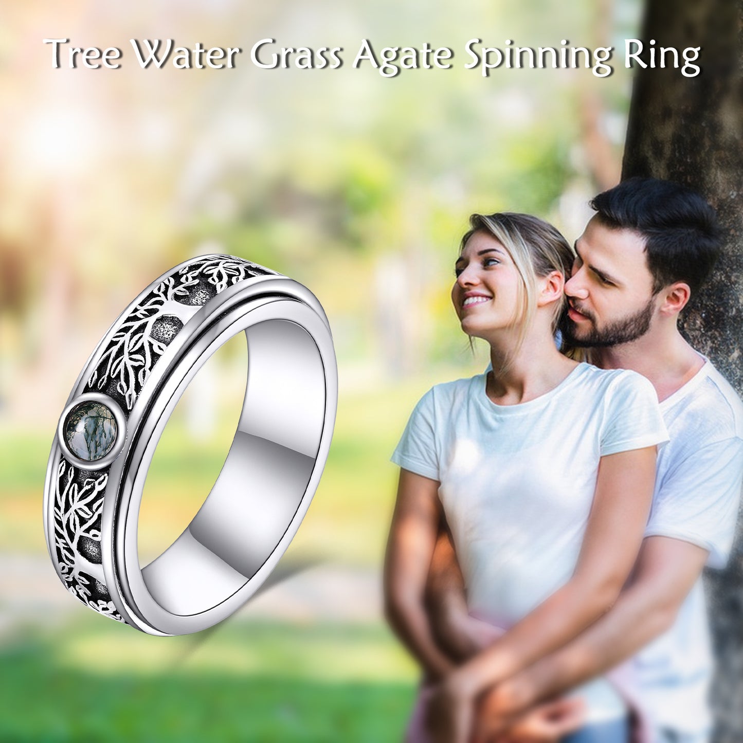 Sterling Silver Tree of Life Spinning Rings Moss Onyx Rotatable Rings for Women and Men