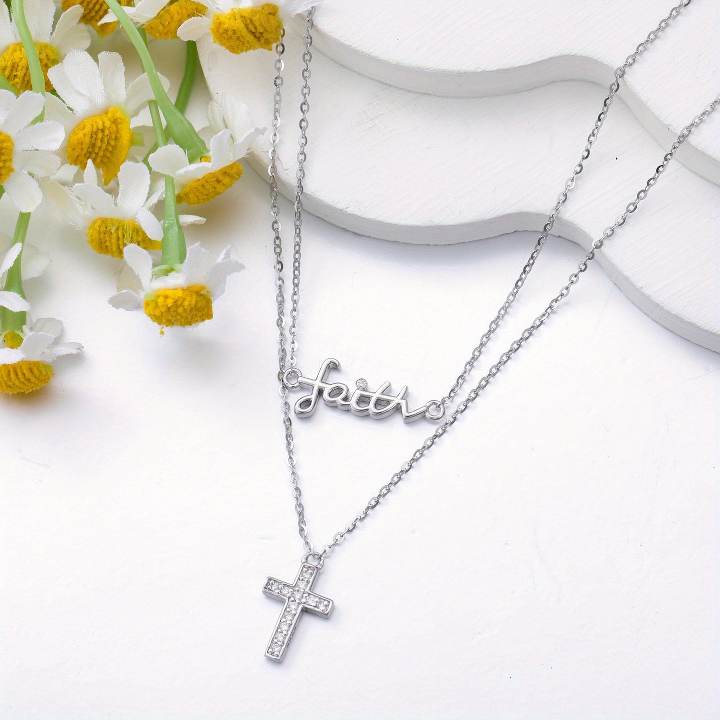 Elegant 925 Sterling Silver Faith & Cross Layered Necklace with Lab-Grown Gemstone - Perfect for Daily Wear or Gifting, Christmas Jewelry|Elegant Necklace|Durable Jewelry