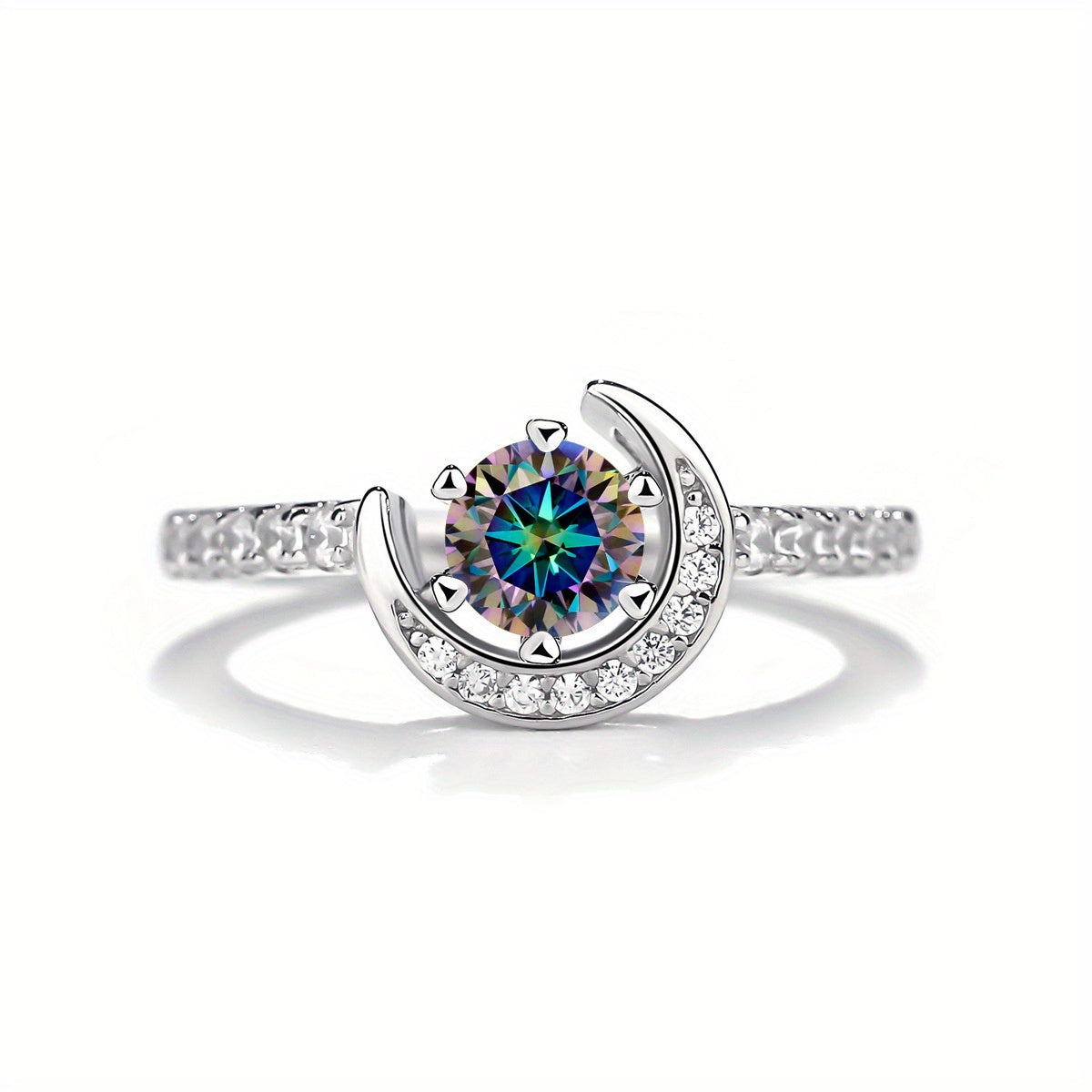 925 Silver Moissanite Moon Ring Women's Colourful Round Cut Vintage Elegant Birthday Gift Mother's Day Gift Wedding Engagement Anniversary Gift Best Gift for Girlfriend Daily Wear