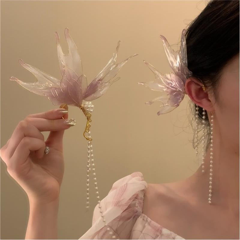1pc Non-Piercing Ear Clip Pendant - Pastel Pink & Clear Beads, Fairy-like Elegant Non-Piercing earring for Women, Everyday & Formal Events, Lightweight Party Wedding Accessories - Year-Round Wear