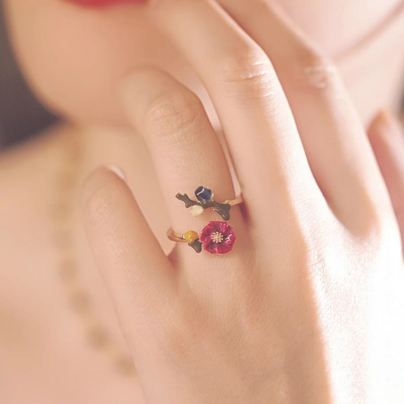 Personalized Retro Index Finger Ring Enamel Flower Opening Women'S Fashionable Ring