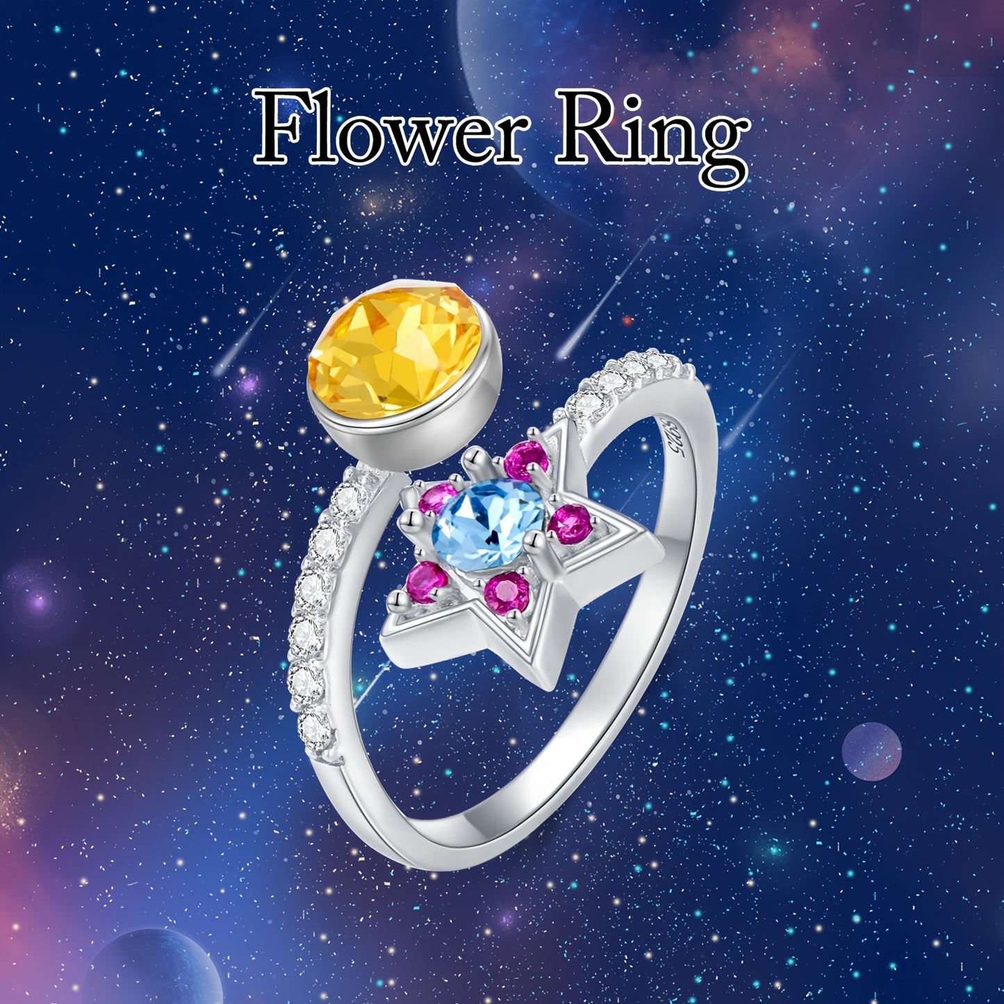 Dainty Star&Moon Crystal Rings for Women 925 Sterling Silver Colored Crystal Ring Gemstone White Gold Plated Ring for Women