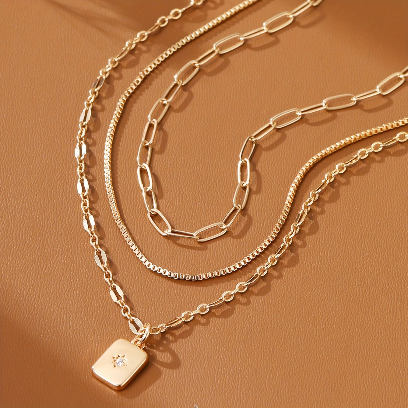 3pcs\u002Fset Multi-Layer Simple Stacks Cubic Synthetic Zirconia Rectangle Charm with Star Pendant Necklace for Women Paperclip Shining Lip Link Chain Necklace Party Gift Jewelry
