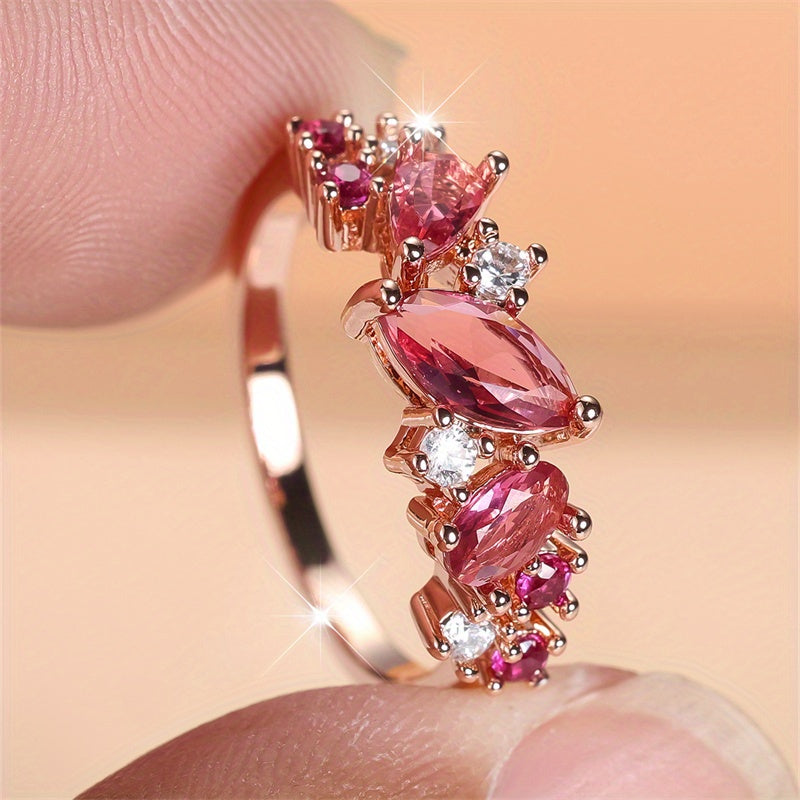 Elegant Rose Red Synthetic Zirconia Rose Golden Plated Ring, Luxury Ladies Party Gathering Holiday Daily Wear, Suitable for All Seasons