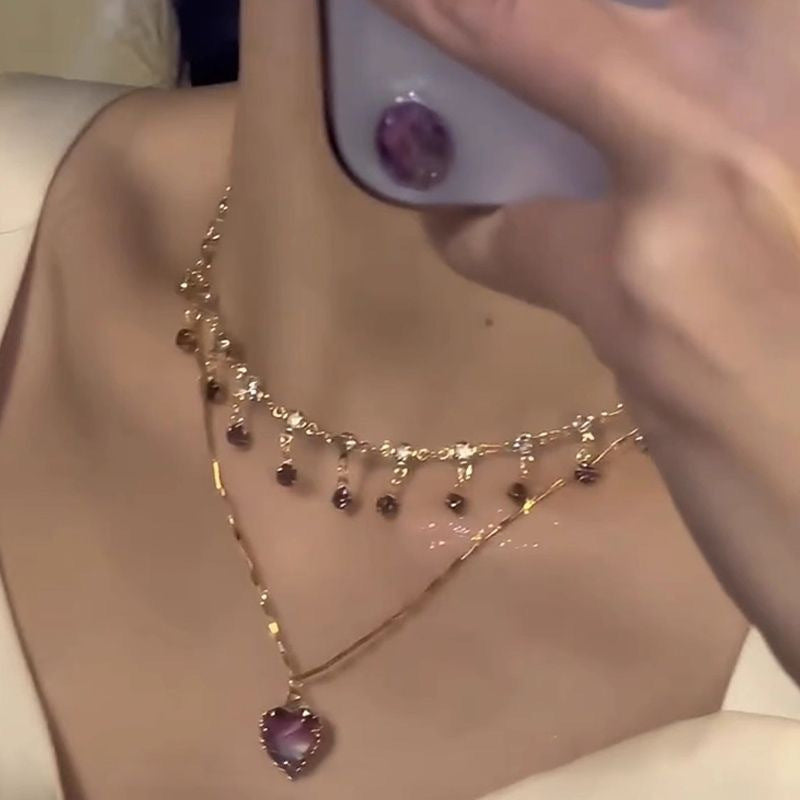 Elegant Purple Heart Pendant Necklace for Women - Double Layered Clavicle Chain with Copper, Perfect for Daily Wear or Parties, Daily Wear Necklace | Frenchinspired Jewelry | Copper Chain Necklace