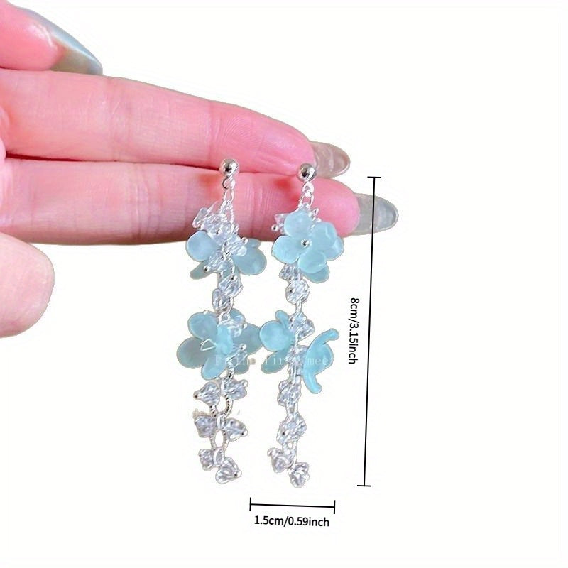1pc fresh and light blue floral tassel earrings, a long and elegant summer forest-style vacation accessory