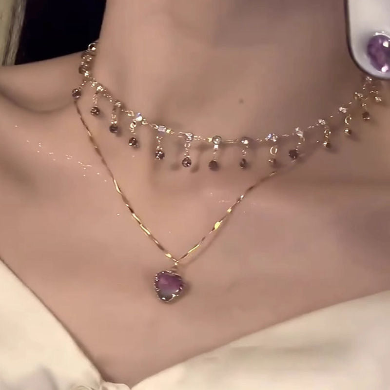 Elegant Purple Heart Pendant Necklace for Women - Double Layered Clavicle Chain with Copper, Perfect for Daily Wear or Parties, Daily Wear Necklace | Frenchinspired Jewelry | Copper Chain Necklace