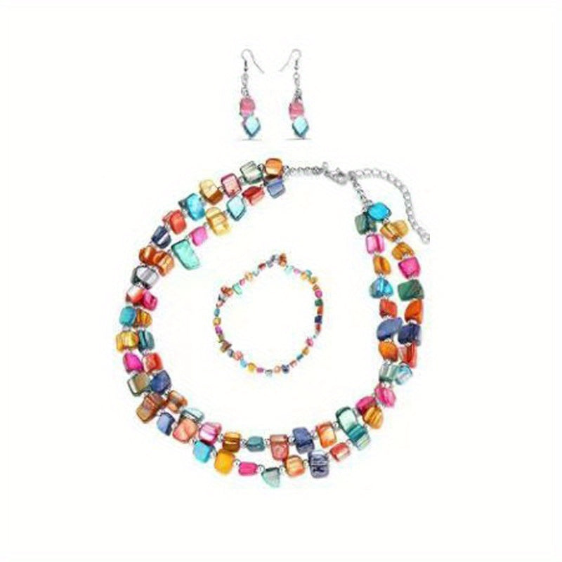 4pcs Retro Bohemian Handmade Two-Tone Shell Beaded Necklace, Bracelet And Earring Set. Creative And Colorful Options, Suitable for Ladies' Accessories for Parties And Festivals.