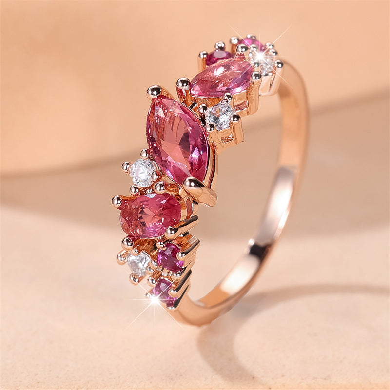 Elegant Rose Red Synthetic Zirconia Rose Golden Plated Ring, Luxury Ladies Party Gathering Holiday Daily Wear, Suitable for All Seasons