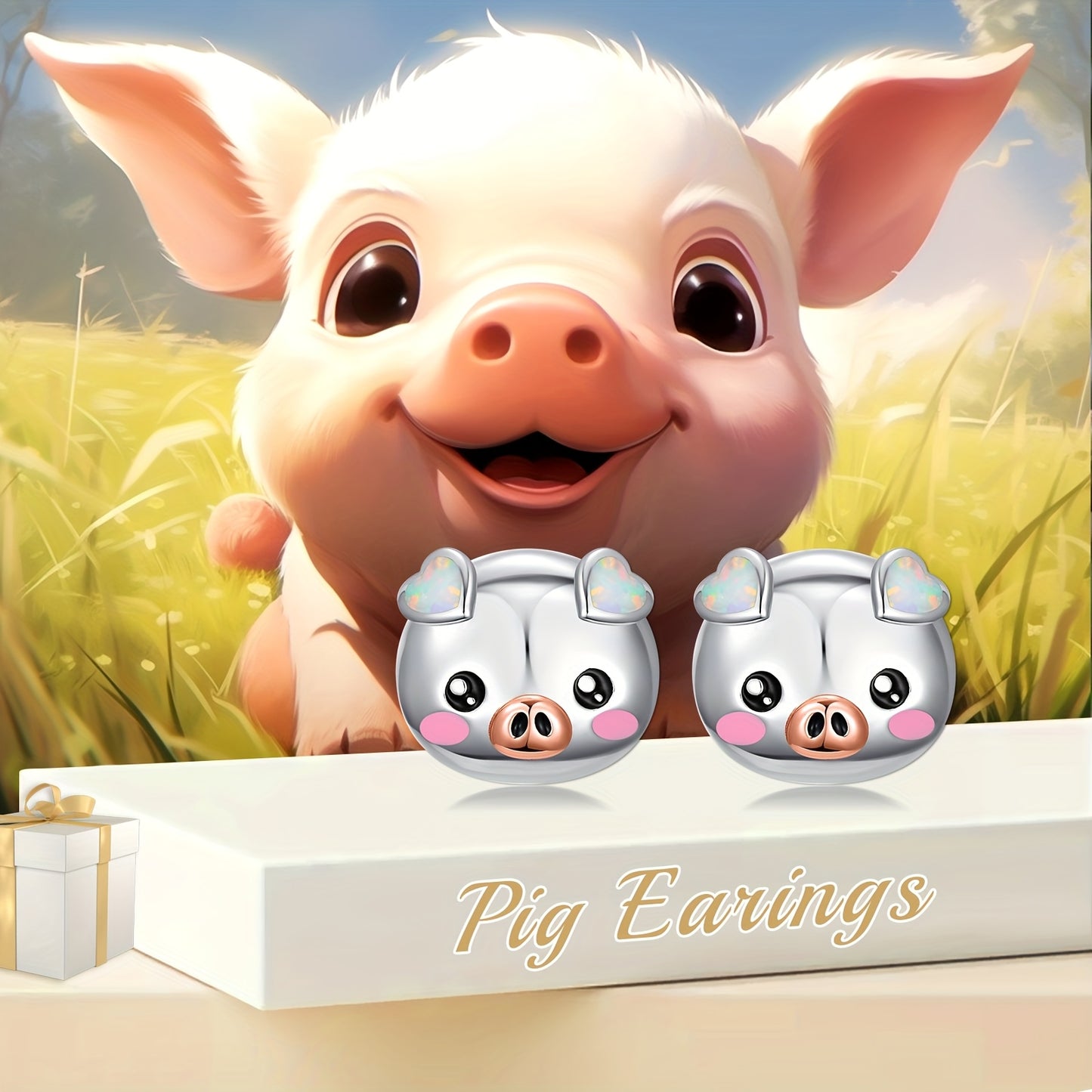 Pig Earrings For Women 925 Sterling Silvery Synthetic Opal Cute Pig Stud Earrings Jewellery Birthday Gifts