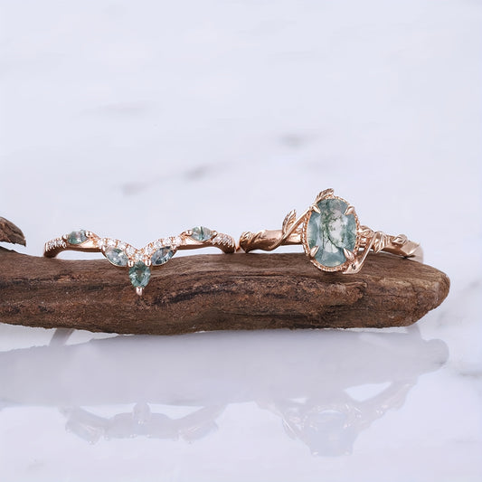 Moss Agate Ring For Women 925 Sterling Silver Green Moss Agate Set Ring For Women Promise Ring Engagement Moss Agate Jewelry For Anniversaries