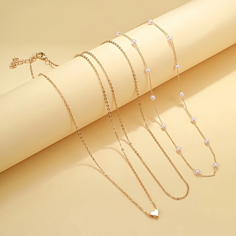 3pcs Ladies Heart Charm Faux Imitation Pearl Necklace Stackable Iron Necklace Female Jewelry Gift