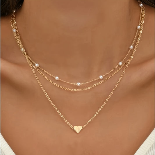 3pcs Ladies Heart Charm Faux Imitation Pearl Necklace Stackable Iron Necklace Female Jewelry Gift
