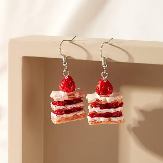 Two Pair of Sweet And Lovely Cartoon Strawberry Cake Pendant Earrings Creative Design French Luxury Fashion Retro Trend Gifts Daily Commuting Street Party Holiday Wear.