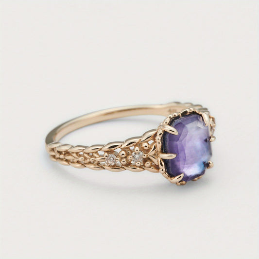 Light Luxury Ring Happiness Olive Leaf Ring S925 Silvery three layer artificial stone amethyst ring.1.5g\u002F 0.05oz