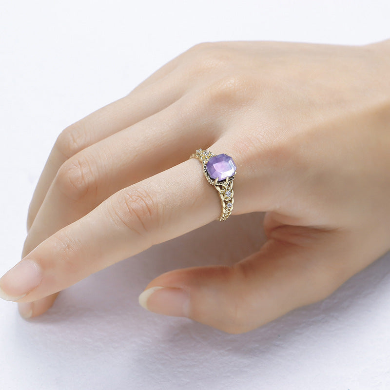 Light Luxury Ring Happiness Olive Leaf Ring S925 Silvery three layer artificial stone amethyst ring.1.5g\u002F 0.05oz