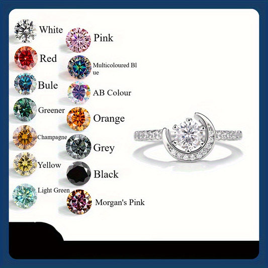 925 Silver Moissanite Moon Ring Women's Colourful Round Cut Vintage Elegant Birthday Gift Mother's Day Gift Wedding Engagement Anniversary Gift Best Gift for Girlfriend Daily Wear