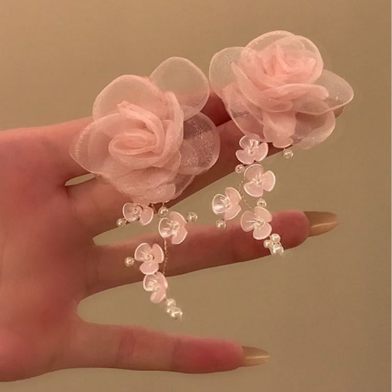 1 pair of Seaside resort-style floral tassel long earrings, with high-end stud earrings and unique earrings women