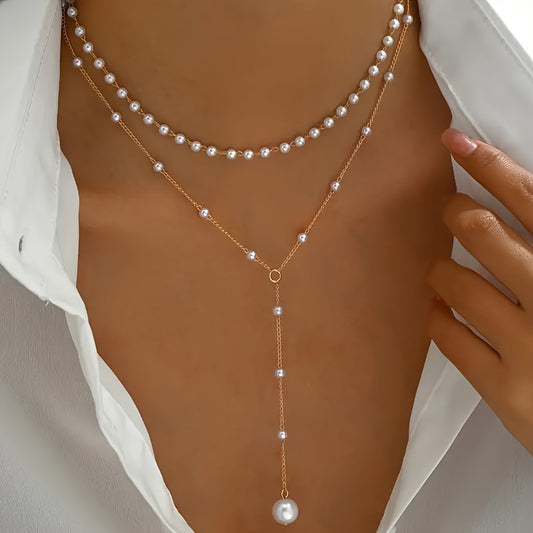 Elegant Vintage Style Double-Layer Pendant Necklace With Imitation Pearl Accents And Tassel Drop - Y Shaped Choker, Zinc Alloy Chain Necklace For Daily And Party Occasions, Necklace For Women, Birthday Gift For Her