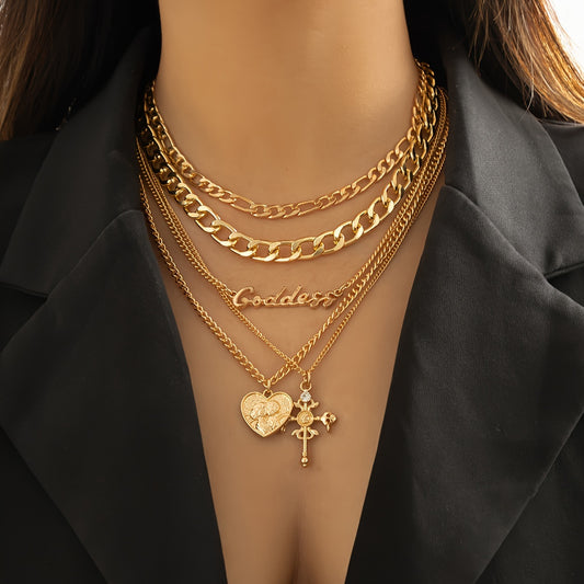 Set Of 5 Trendy Heart Cross Letter Pendants With Golden Chain For Women, Perfect For Parties And Dates As A Gift