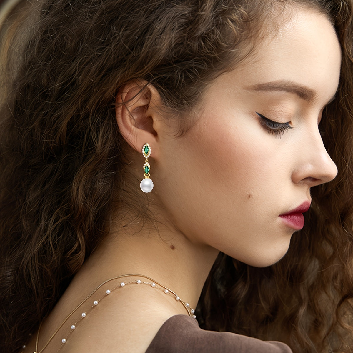 Pearl Dangle Earrings For Women 925 Sterling Silver Long Dangle Natural Earrings Golden Plated Stud Earrings With Green Cubic Zirconia Pearl Jewelry For Wife Girlfriend