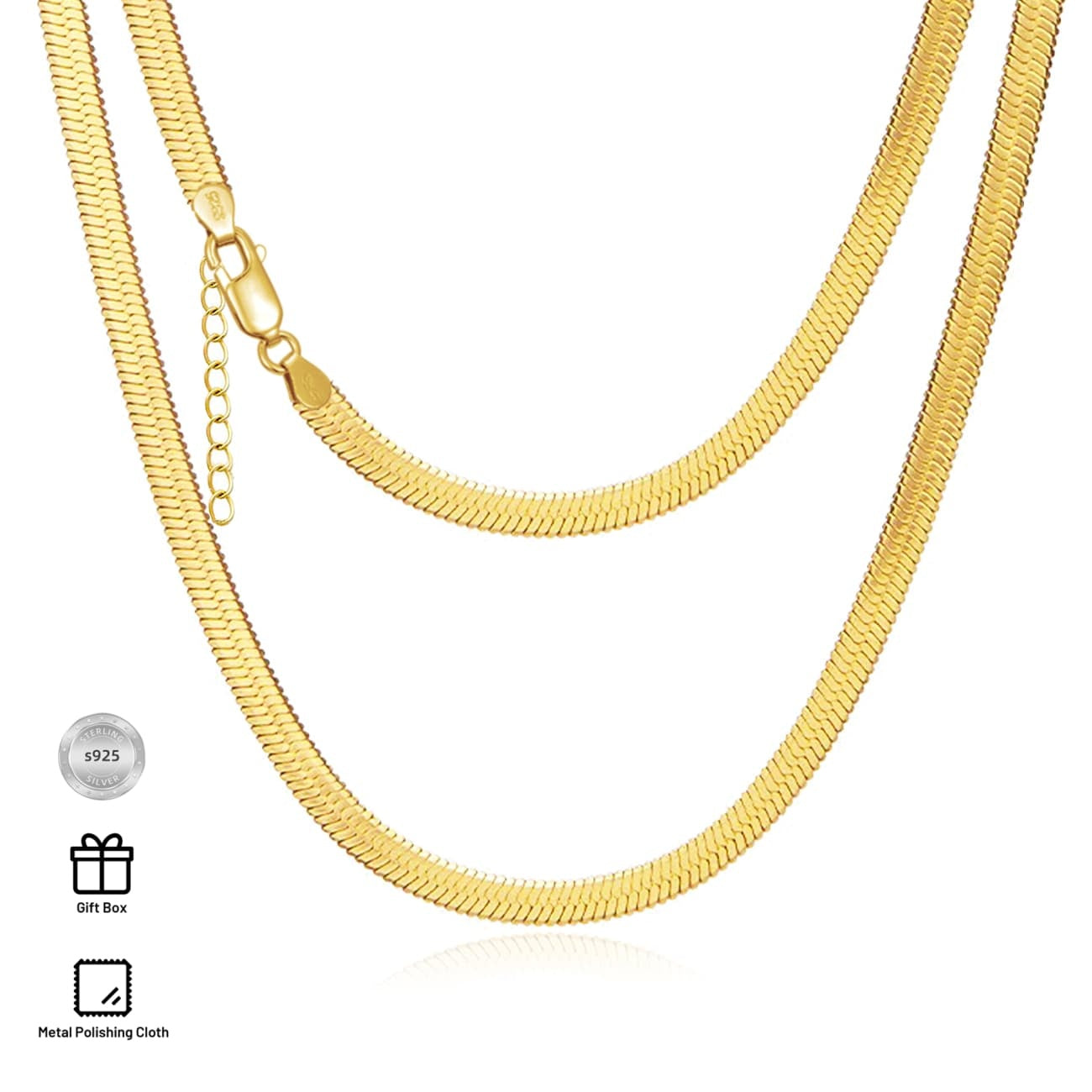 Solid 925 Sterling Silver Snake Chain for Women 4mm Adjustable Herringbone Necklace for Men 18k Golden Plated Cadena de Plata Hombre Mujer 16-18 Inch
