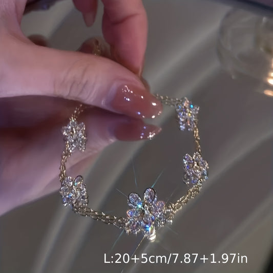 Elegant Cubic Zirconia Flower Bracelet - Sparkling Multicolor Gemstone Design, Durable Copper Alloy, Perfect for Casual Attire, Parties & Special Occasions, Flower Bracelet