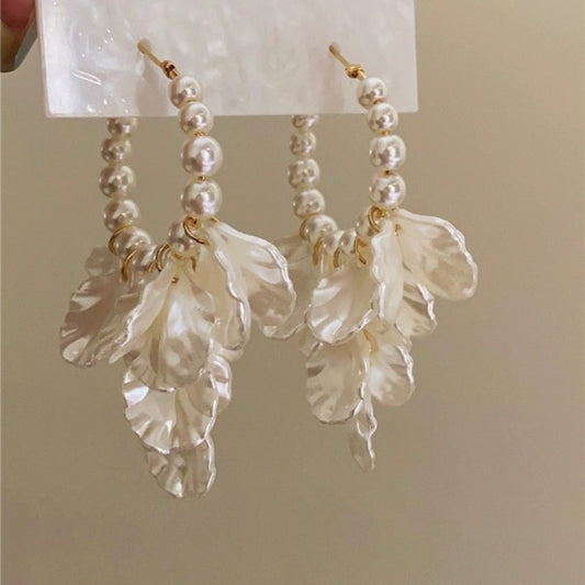 Elegant Faux Imitation Pearl Petal Tassel Earrings - Golden-Tone Leaf Design, Long Dangling Style for Women, Perfect for Parties & Casual Attire, Elegant Wear | Cascading Tassel Design | Goldtone Accents, Cute Earrings