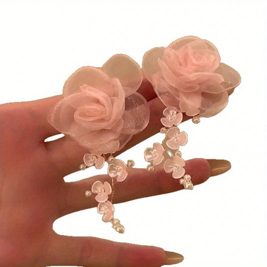 1 pair of Seaside resort-style floral tassel long earrings, with high-end stud earrings and unique earrings women