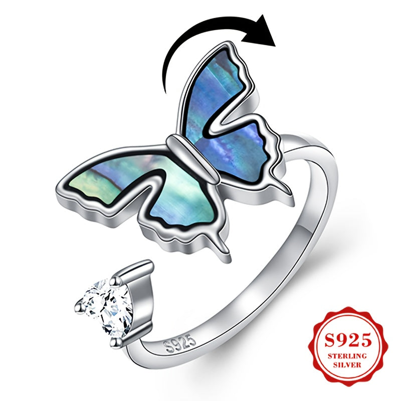 Women's S925 Pure Silvery Abalone Shell Butterfly Ring, Anxiety Ring, Rotatable Adjustable Ring, Women's Jewelry Birthday Gift