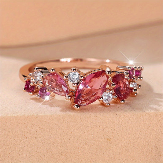 Elegant Rose Red Synthetic Zirconia Rose Golden Plated Ring, Luxury Ladies Party Gathering Holiday Daily Wear, Suitable for All Seasons