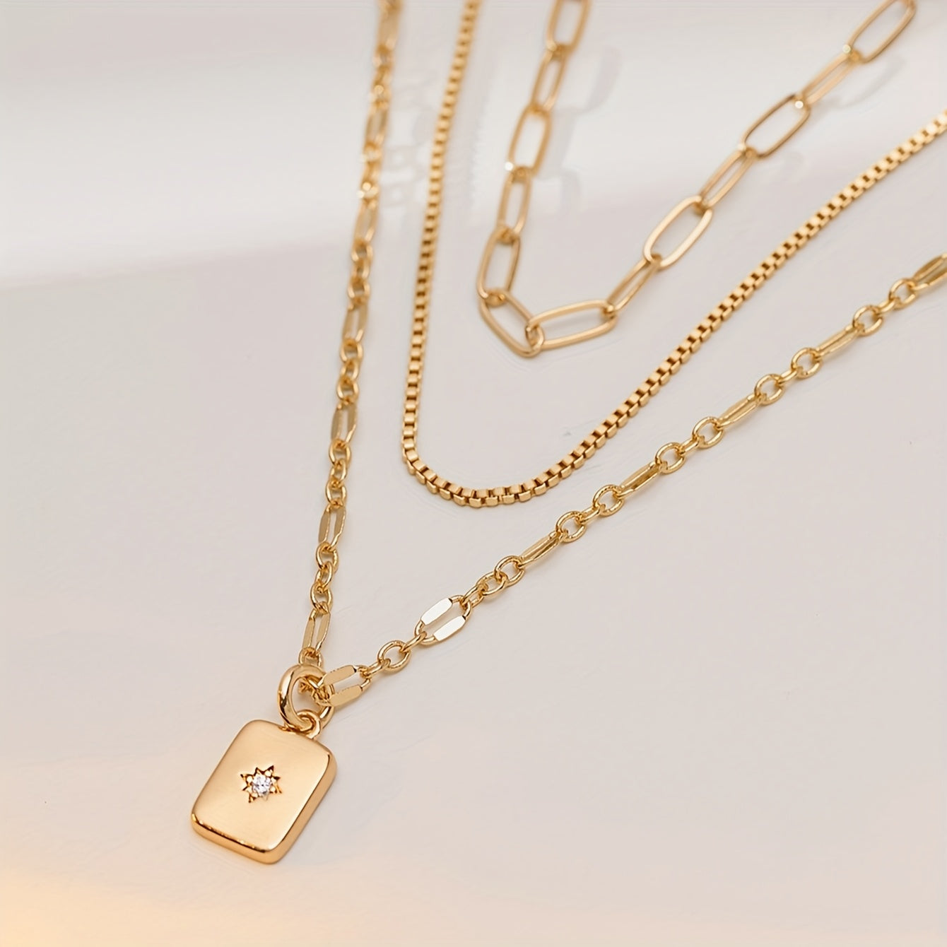3pcs\u002Fset Multi-Layer Simple Stacks Cubic Synthetic Zirconia Rectangle Charm with Star Pendant Necklace for Women Paperclip Shining Lip Link Chain Necklace Party Gift Jewelry