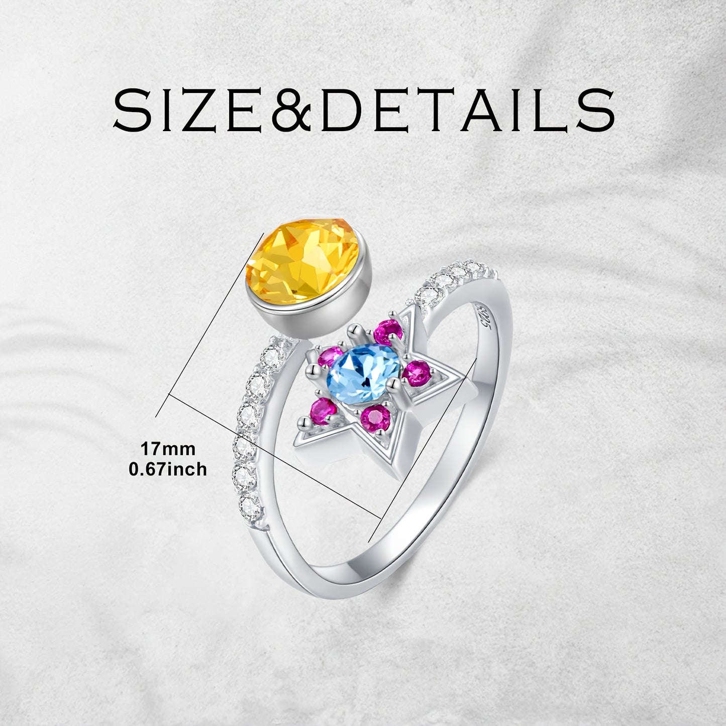 Dainty Star&Moon Crystal Rings for Women 925 Sterling Silver Colored Crystal Ring Gemstone White Gold Plated Ring for Women