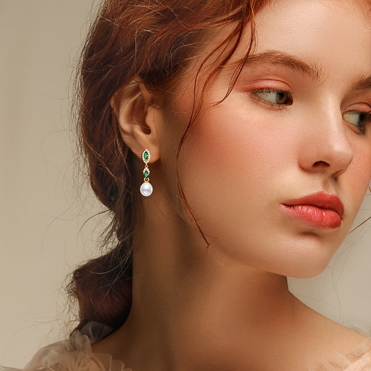 Pearl Dangle Earrings For Women 925 Sterling Silver Long Dangle Natural Earrings Golden Plated Stud Earrings With Green Cubic Zirconia Pearl Jewelry For Wife Girlfriend