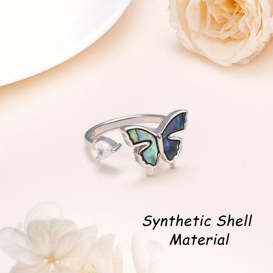 Women's S925 Pure Silvery Abalone Shell Butterfly Ring, Anxiety Ring, Rotatable Adjustable Ring, Women's Jewelry Birthday Gift
